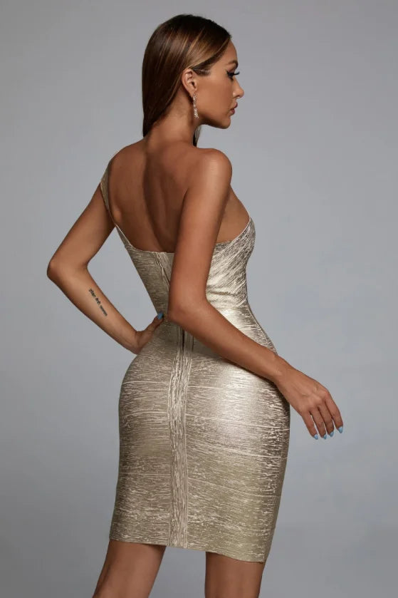 One Shoulder Gold Bandage Dress
