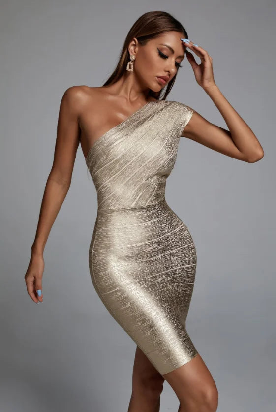 One Shoulder Gold Bandage Dress