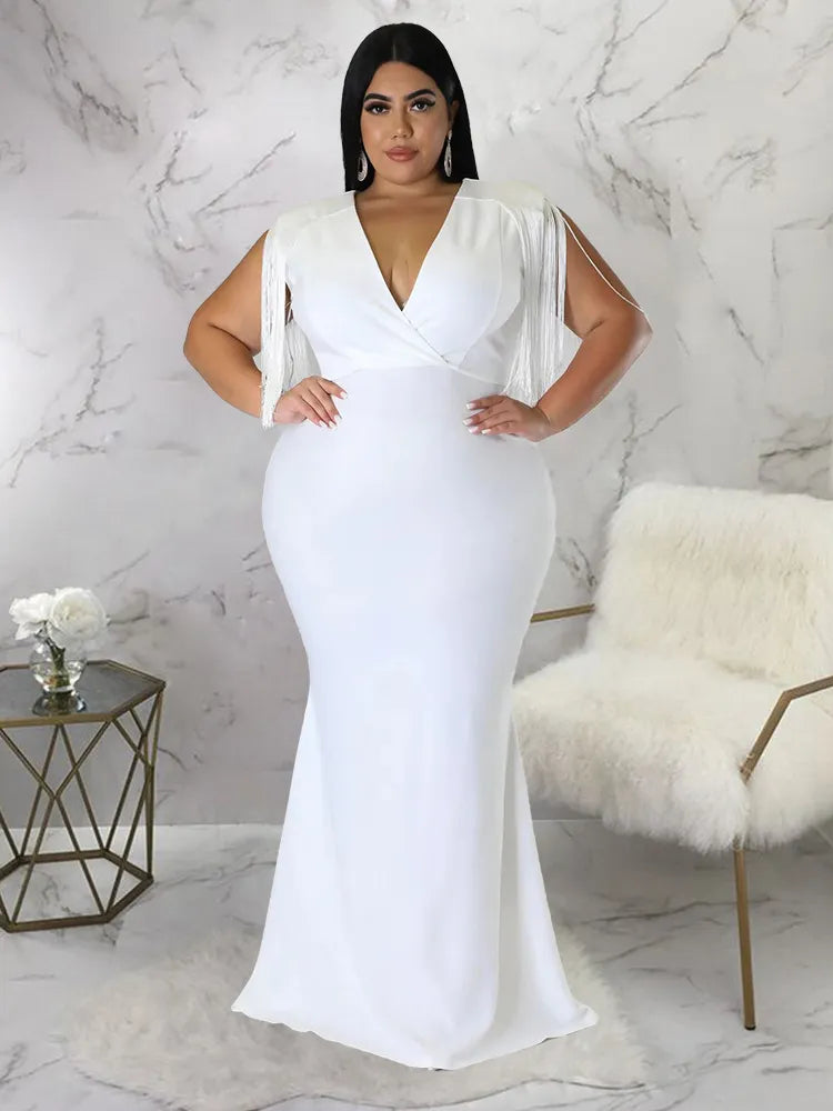 White V Neck Plus Size Fringe Sleeveless Floor Length Cocktail Dress