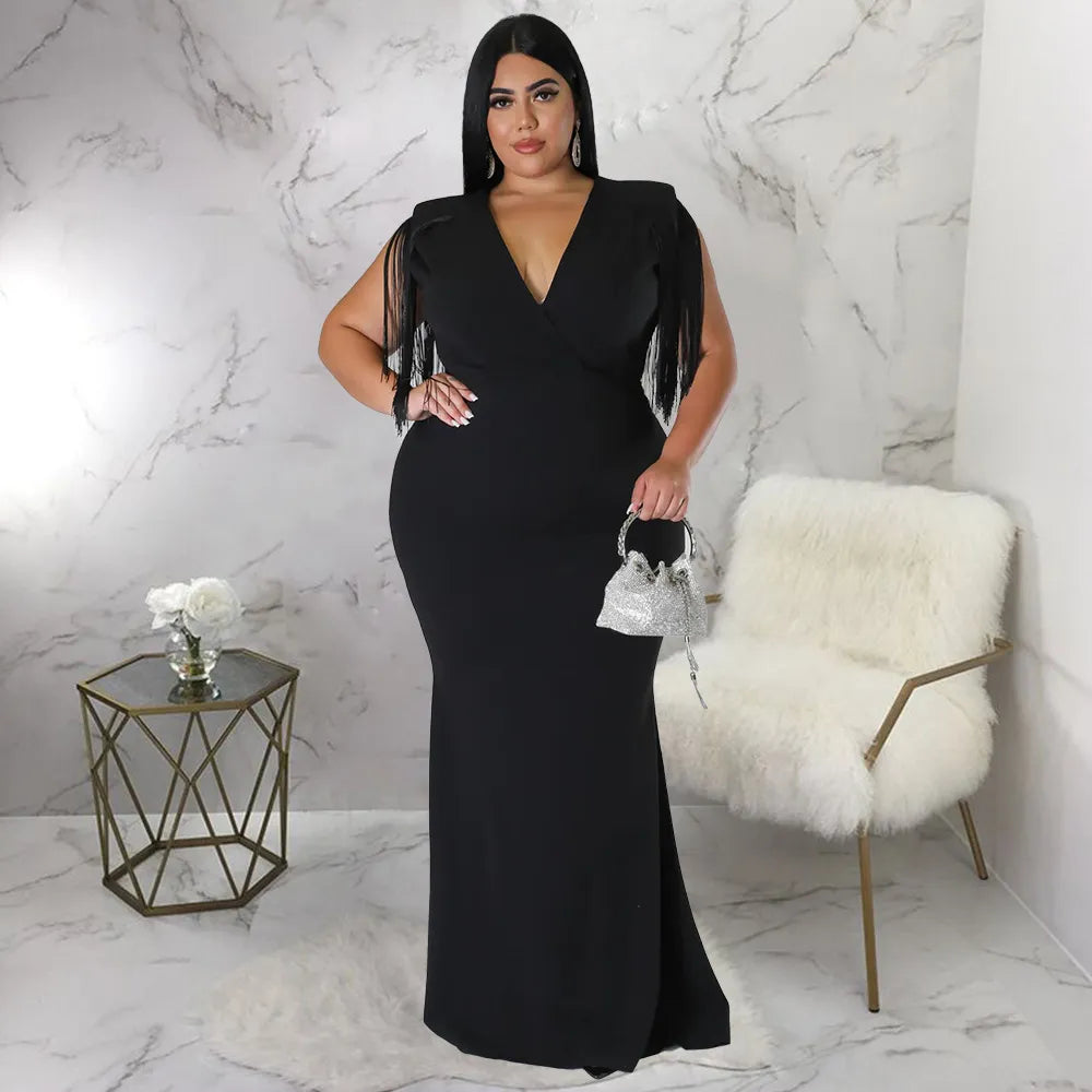 Black Plus Size Fringe Sleeveless Floor Length Cocktail Dress
