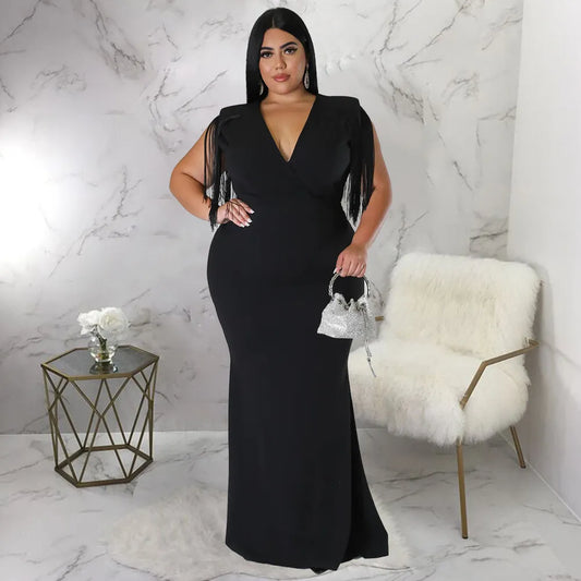 Black Plus Size Fringe Sleeveless Floor Length Cocktail Dress