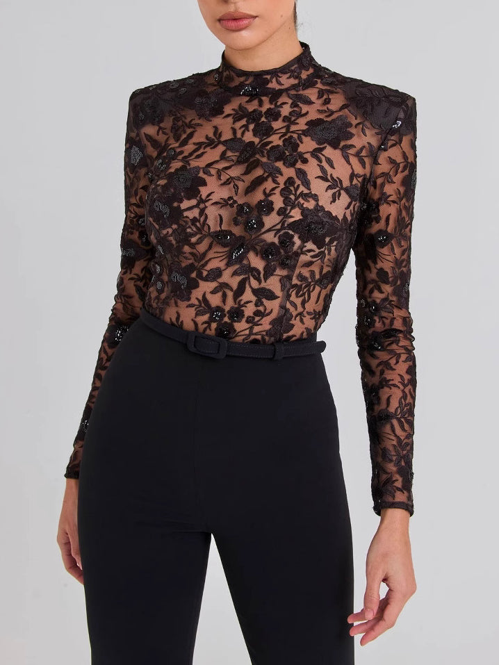 Black Lace Long-sleeved Trousers Jumpsuit