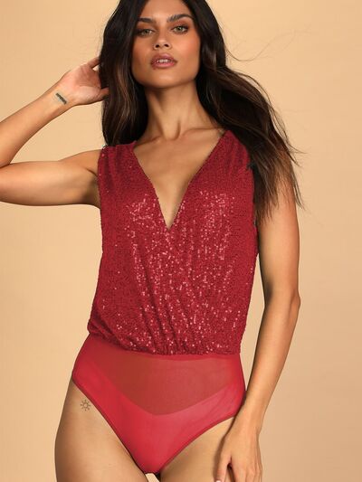 Red Sleeveless Sequin V Neck Bodysuit