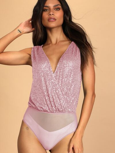 Pink Sleeveless Sequin V Neck Bodysuit