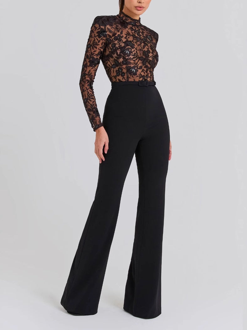 Black Lace Long-sleeved Trousers Jumpsuit