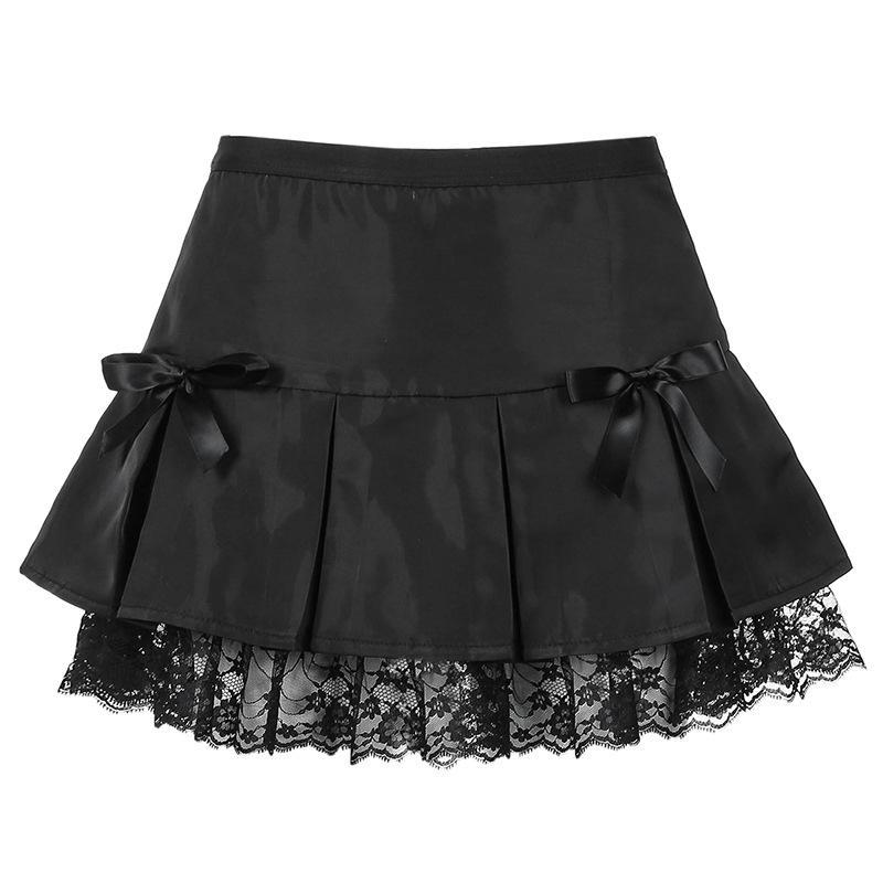 Black Pleated Lace Trim Skirts