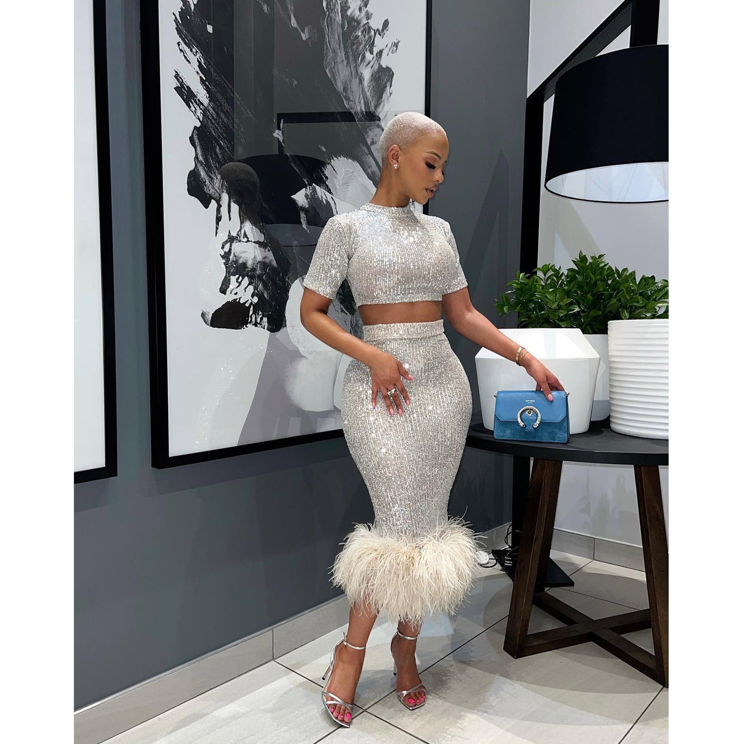 Women Sequins Short Sleeve Skirt Set