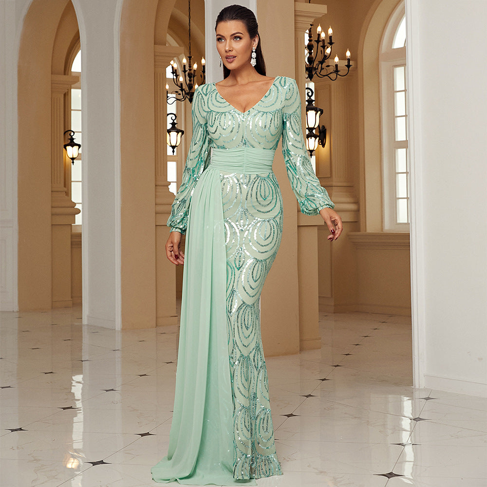 Long Sleeve Sequined Evening Dress