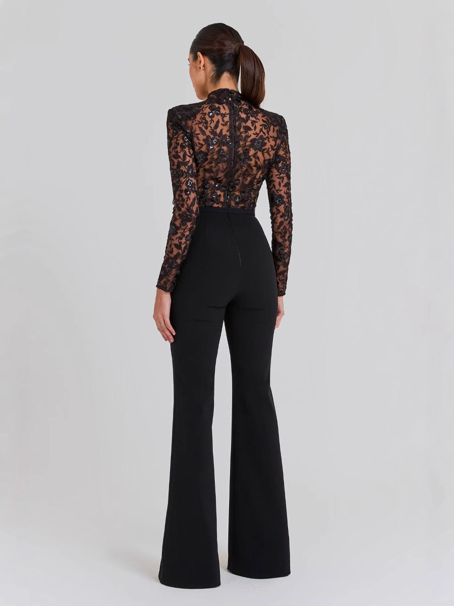 Black Lace Long-sleeved Trousers Jumpsuit