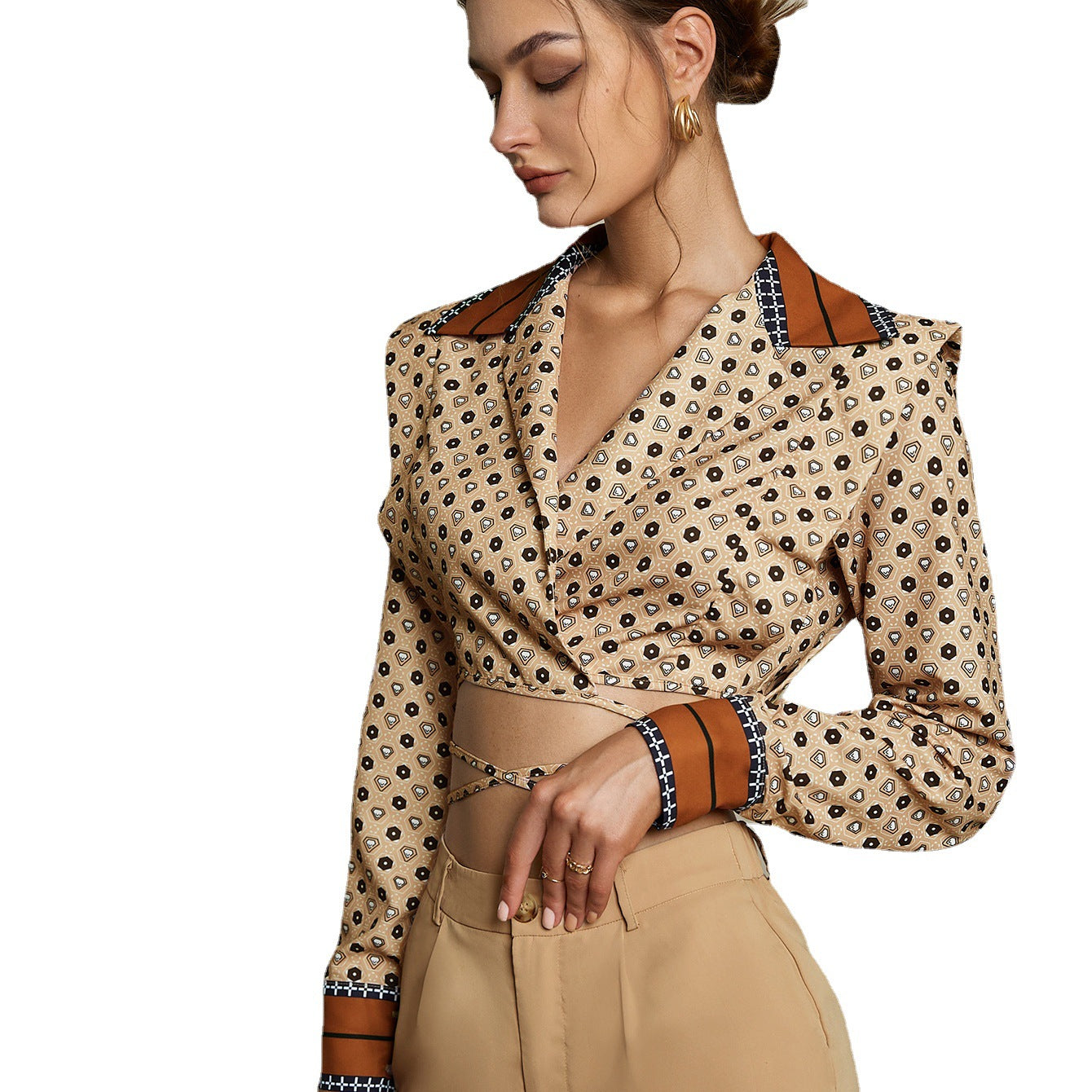 Cropped Lapel Slim Fit Blouse