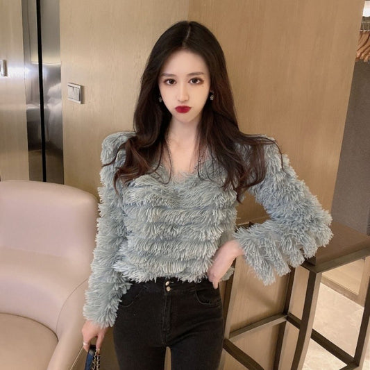 Retro V-neck Fringed Blouse