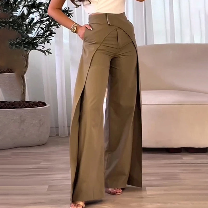 High Waisted Wide Leg Crossover Design Pants