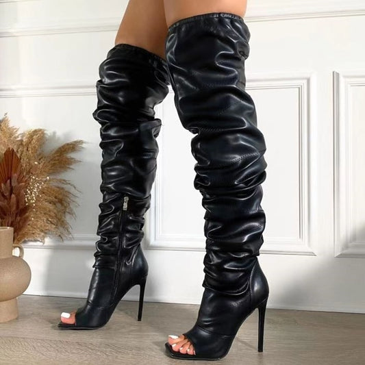 Scrunch Peep Toe Knee High Boots