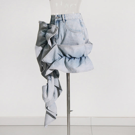 Ruffled High Waist Denim Skirt