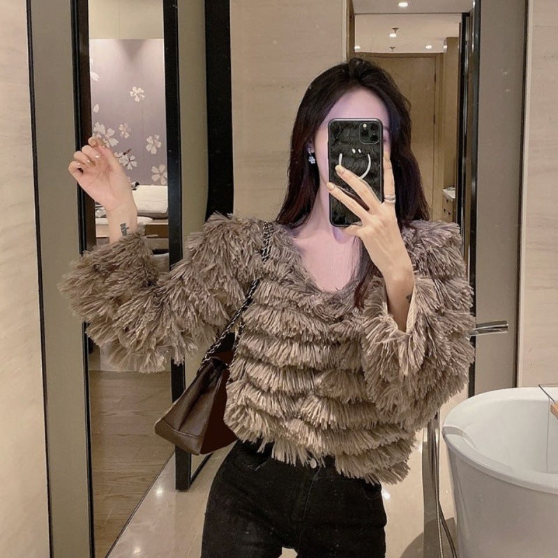 Retro V-neck Fringed Blouse