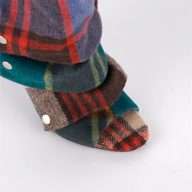 Plaid Open Toe Ankle Booties