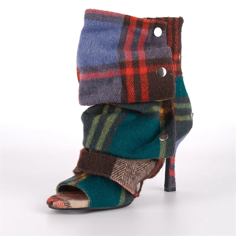Plaid Open Toe Ankle Booties