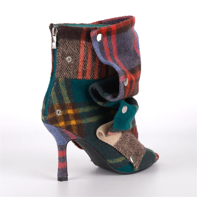 Plaid Open Toe Ankle Booties