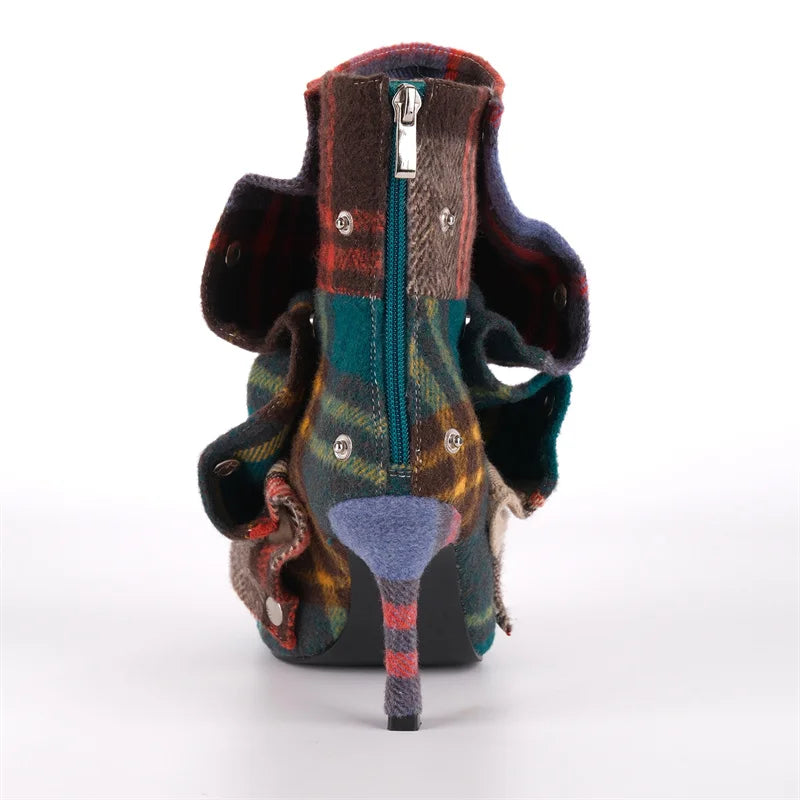 Plaid Open Toe Ankle Booties