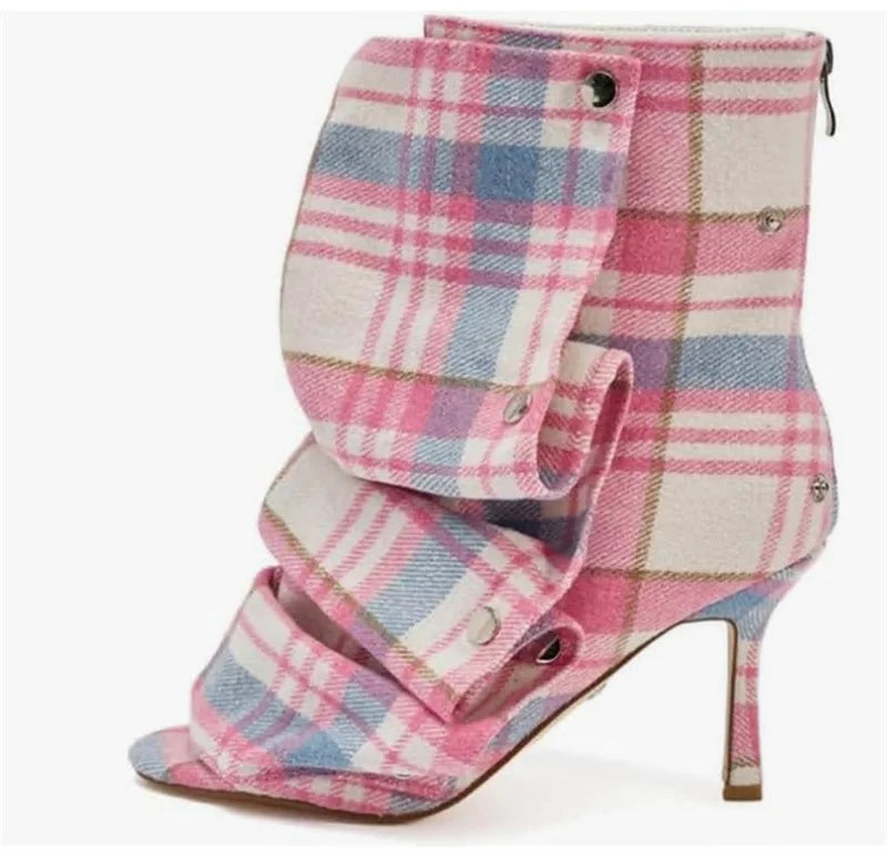 Plaid Open Toe Ankle Booties