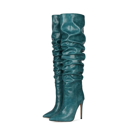 Blue Knee High Pleated Boots