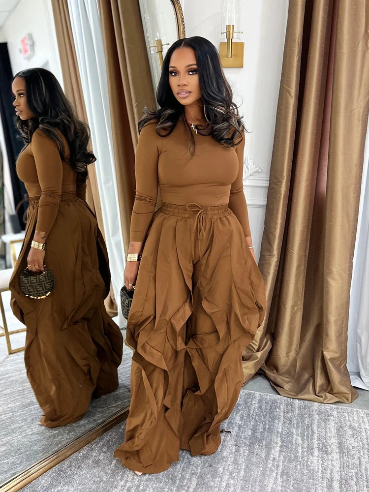 Women Two Piece Wide Leg Ruffle Drawstring Jogger Pants Sets