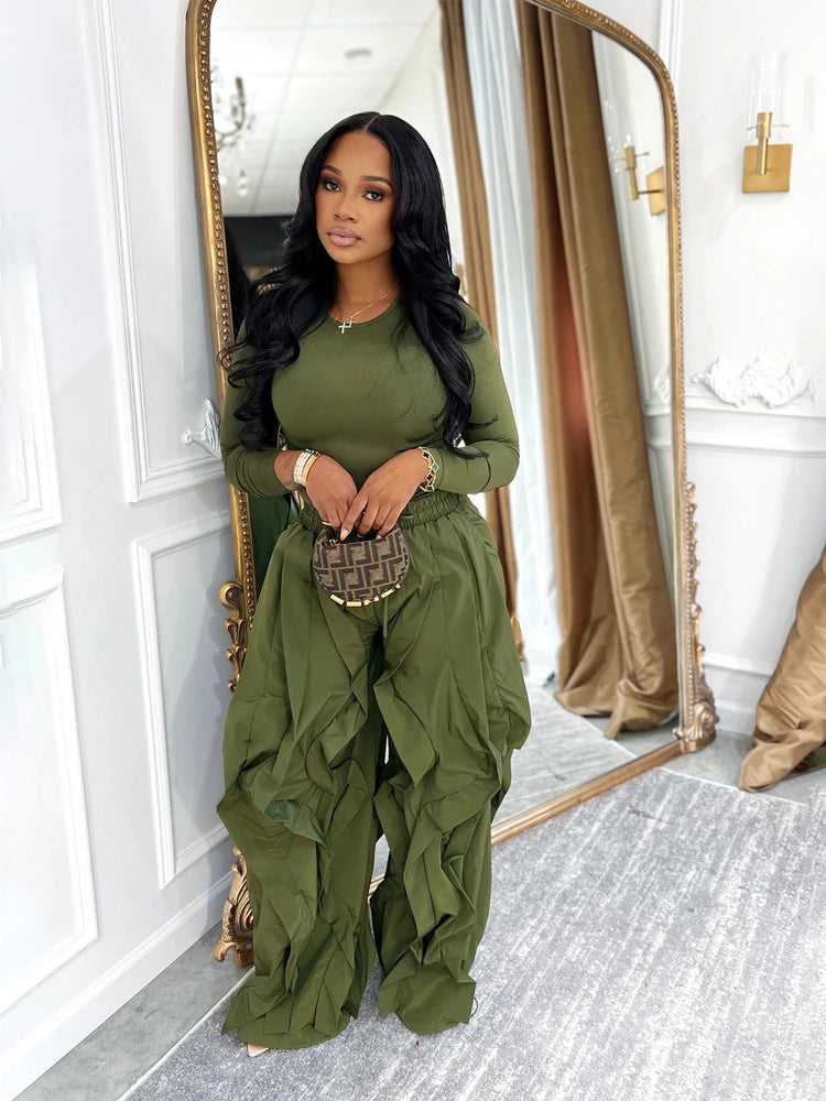 Women Two Piece Wide Leg Ruffle Drawstring Jogger Pants Sets