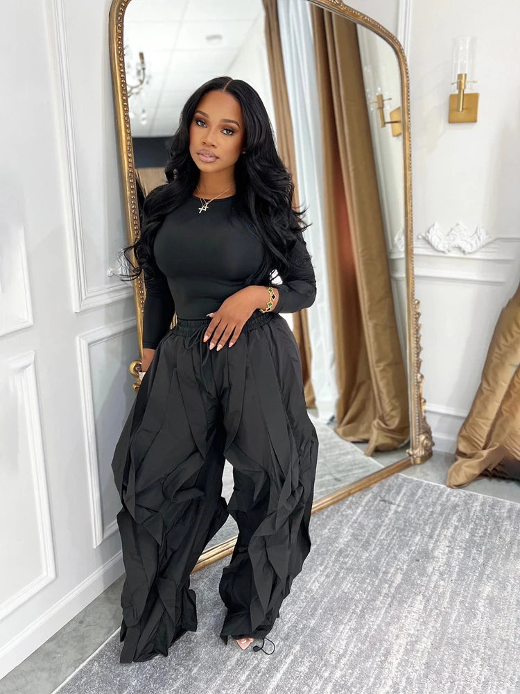 Women Two Piece Wide Leg Ruffle Drawstring Jogger Pants Sets