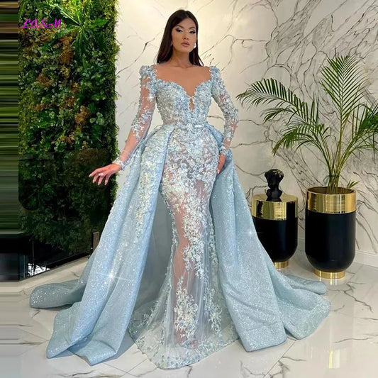 Luxury Lace 3D Flowers Mermaid Dresses With Detachable Train