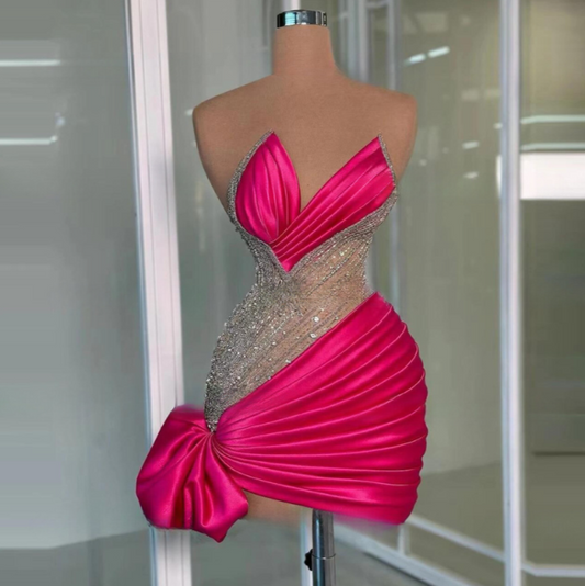 Custom color size, illusion neckline satin sparkly dress v neck bow decor mini dress party dress birthday dress pink dress photo shoot dress