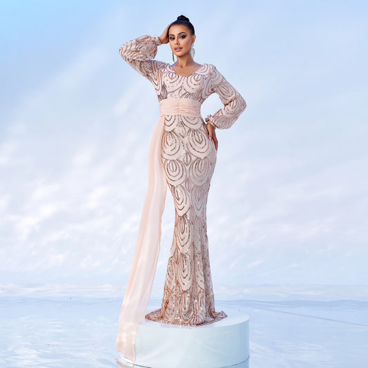 Long Sleeve Sequined Evening Dress