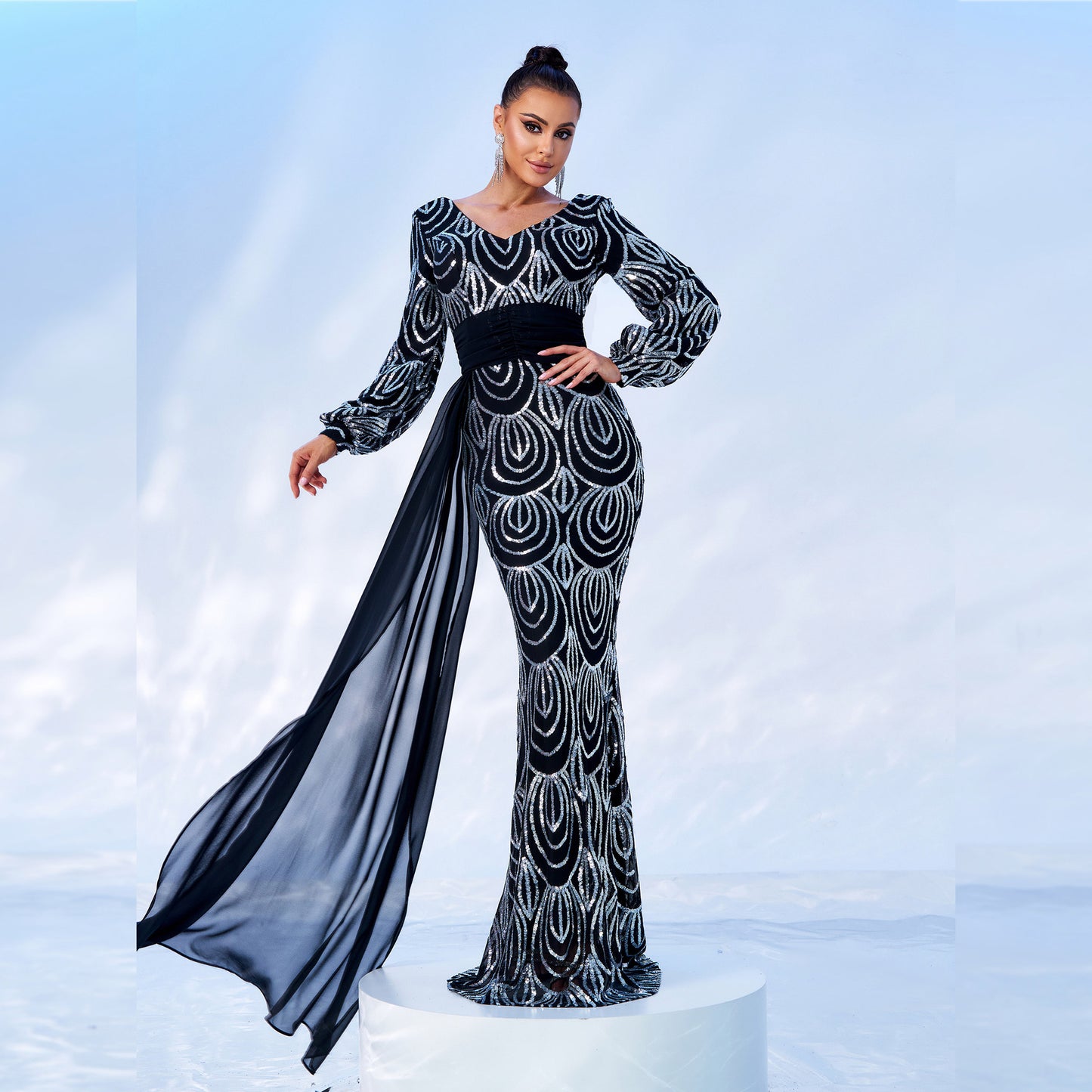 Long Sleeve Sequined Evening Dress